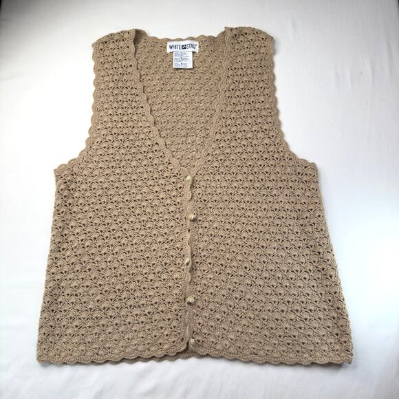 Crochet Sweater Vest Beige Ramie Cotton Large Boho Cottage Retro Hippy Festival - Picture 2 of 9